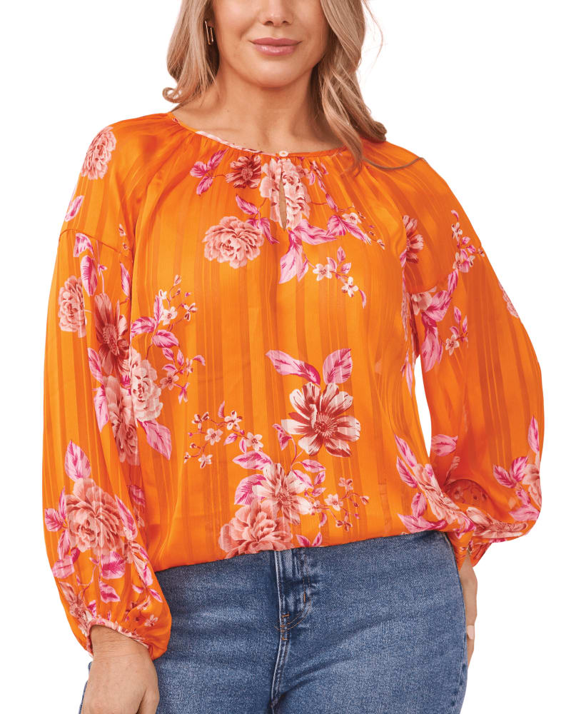 Front of a model wearing a size 1X Eva Keyhole Peasant Blouse in SUNSET ORG by Vince Camuto. | dia_product_style_image_id:261822
